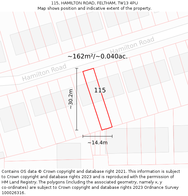 115, HAMILTON ROAD, FELTHAM, TW13 4PU: Plot and title map