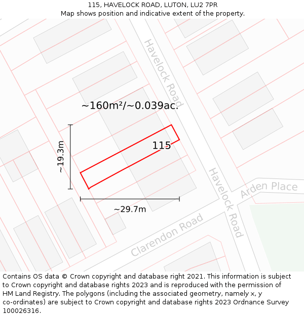 115, HAVELOCK ROAD, LUTON, LU2 7PR: Plot and title map