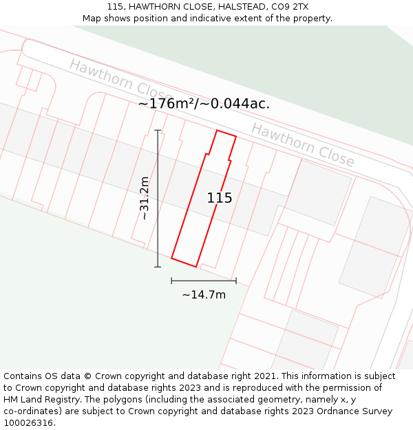 115, HAWTHORN CLOSE, HALSTEAD, CO9 2TX: Plot and title map