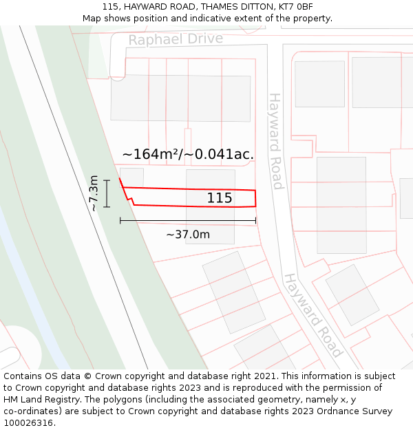 115, HAYWARD ROAD, THAMES DITTON, KT7 0BF: Plot and title map