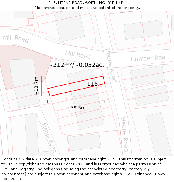 115, HEENE ROAD, WORTHING, BN11 4PH: Plot and title map