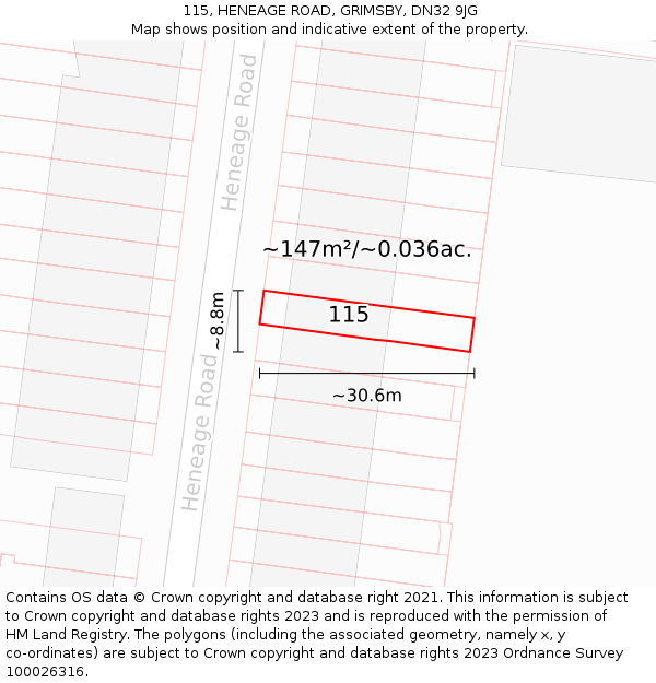 115, HENEAGE ROAD, GRIMSBY, DN32 9JG: Plot and title map
