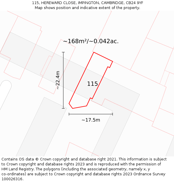 115, HEREWARD CLOSE, IMPINGTON, CAMBRIDGE, CB24 9YF: Plot and title map