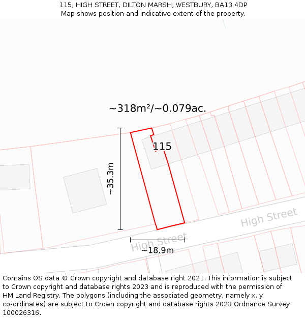 115, HIGH STREET, DILTON MARSH, WESTBURY, BA13 4DP: Plot and title map