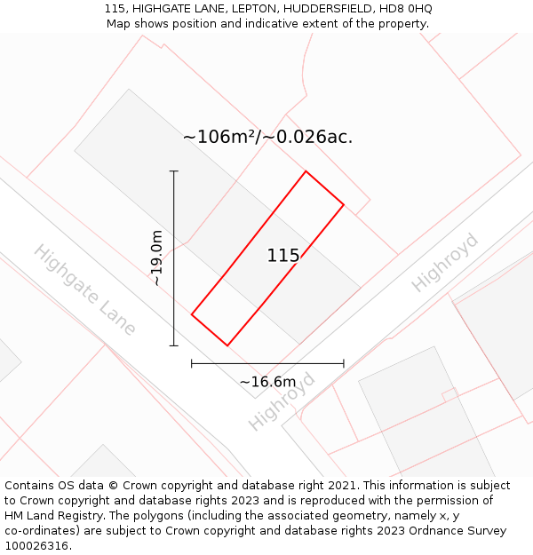 115, HIGHGATE LANE, LEPTON, HUDDERSFIELD, HD8 0HQ: Plot and title map