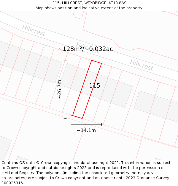 115, HILLCREST, WEYBRIDGE, KT13 8AS: Plot and title map