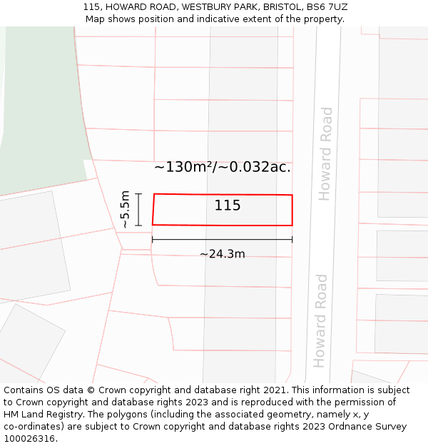 115, HOWARD ROAD, WESTBURY PARK, BRISTOL, BS6 7UZ: Plot and title map