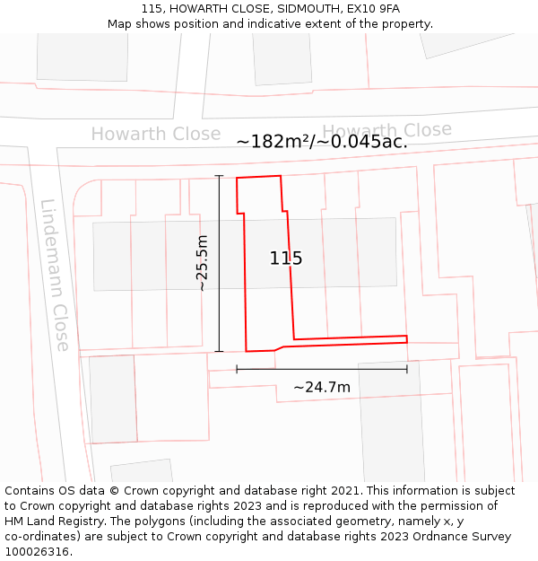 115, HOWARTH CLOSE, SIDMOUTH, EX10 9FA: Plot and title map