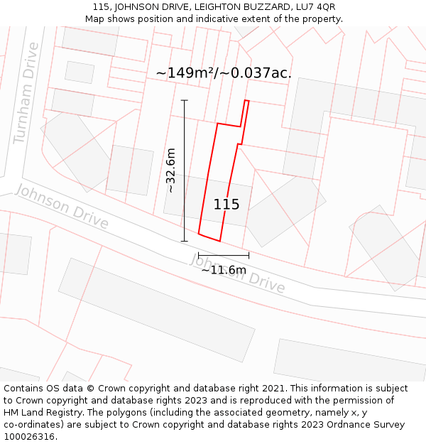 115, JOHNSON DRIVE, LEIGHTON BUZZARD, LU7 4QR: Plot and title map
