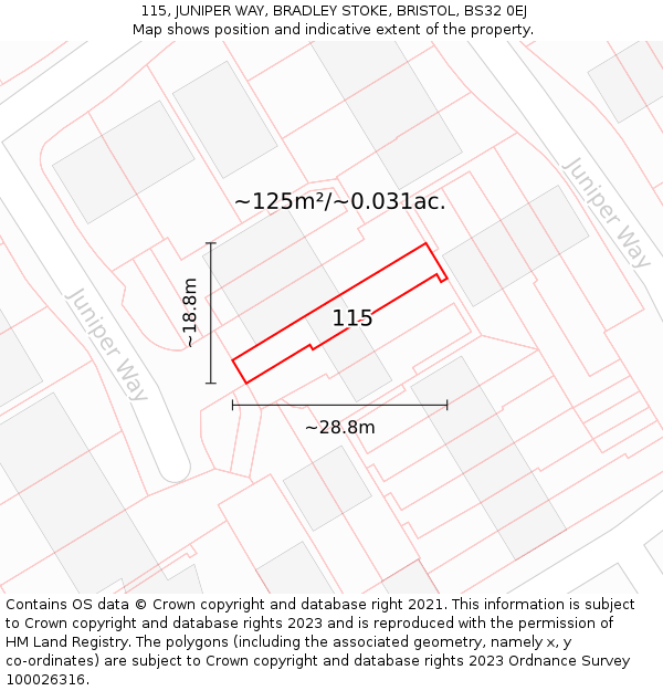 115, JUNIPER WAY, BRADLEY STOKE, BRISTOL, BS32 0EJ: Plot and title map
