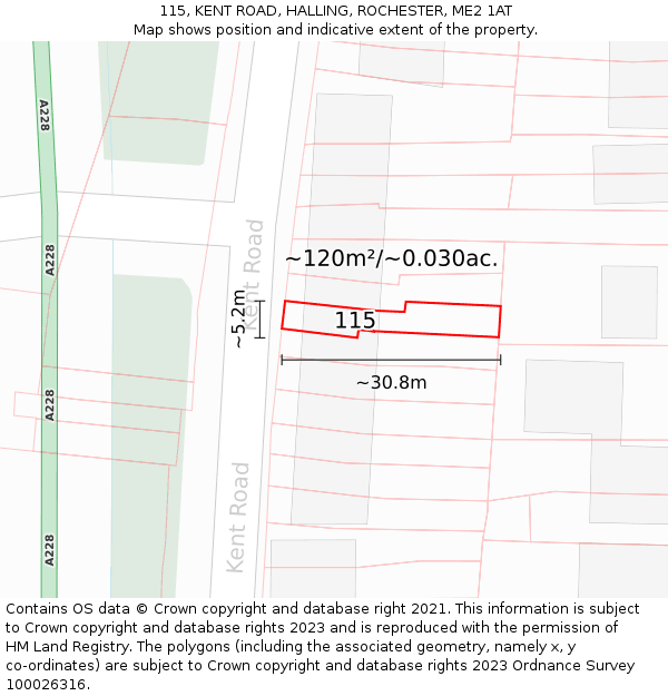 115, KENT ROAD, HALLING, ROCHESTER, ME2 1AT: Plot and title map