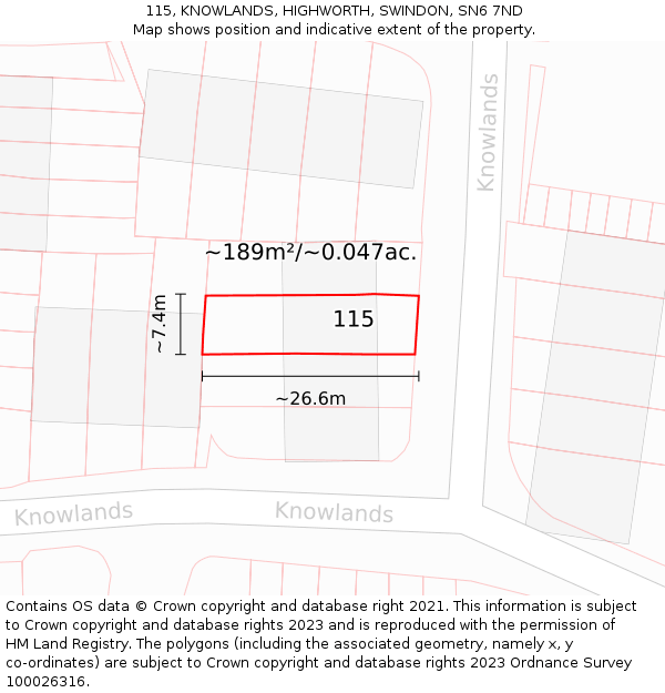 115, KNOWLANDS, HIGHWORTH, SWINDON, SN6 7ND: Plot and title map