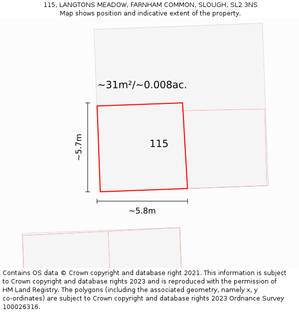 115, LANGTONS MEADOW, FARNHAM COMMON, SLOUGH, SL2 3NS: Plot and title map