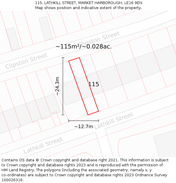 115, LATHKILL STREET, MARKET HARBOROUGH, LE16 9EN: Plot and title map