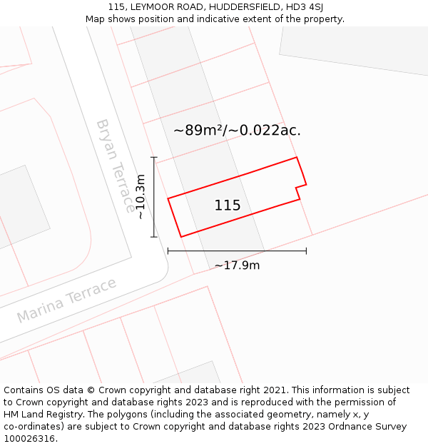 115, LEYMOOR ROAD, HUDDERSFIELD, HD3 4SJ: Plot and title map