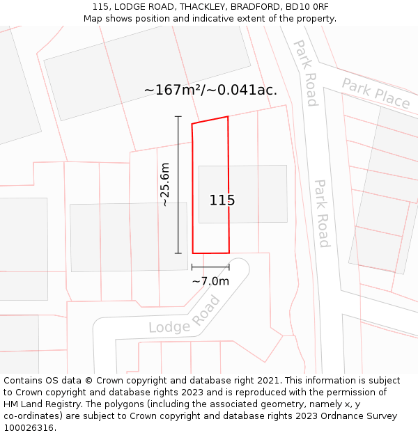 115, LODGE ROAD, THACKLEY, BRADFORD, BD10 0RF: Plot and title map