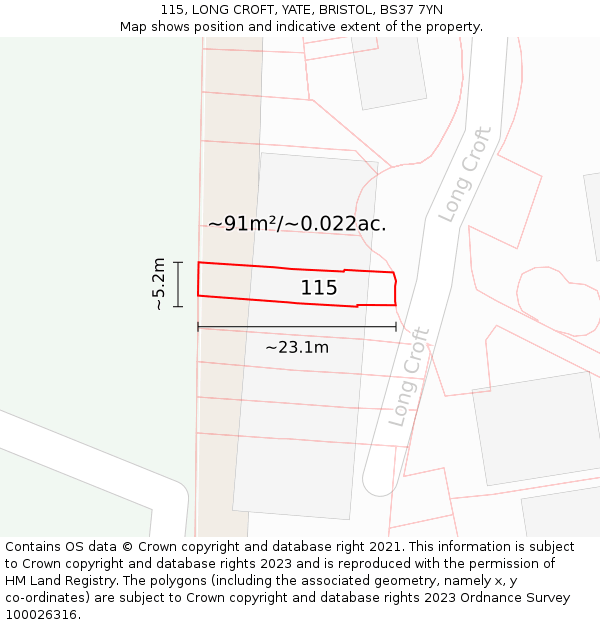 115, LONG CROFT, YATE, BRISTOL, BS37 7YN: Plot and title map