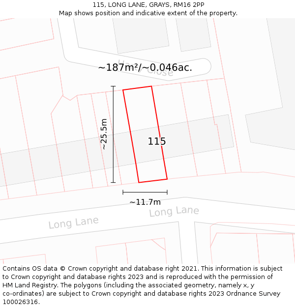 115, LONG LANE, GRAYS, RM16 2PP: Plot and title map