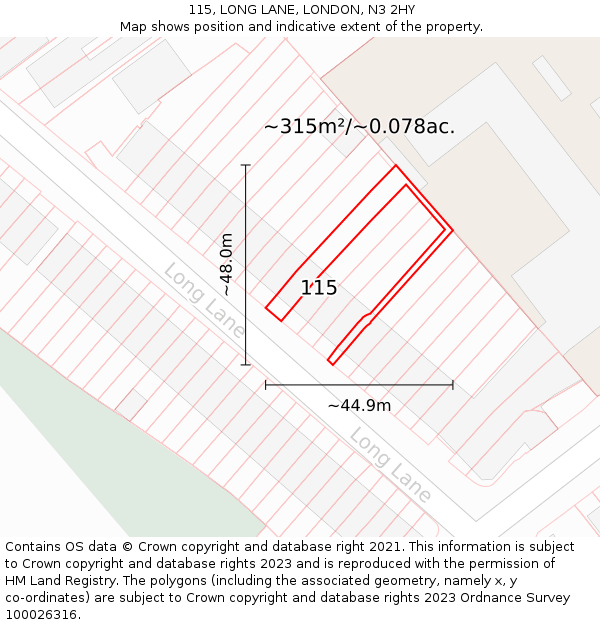 115, LONG LANE, LONDON, N3 2HY: Plot and title map
