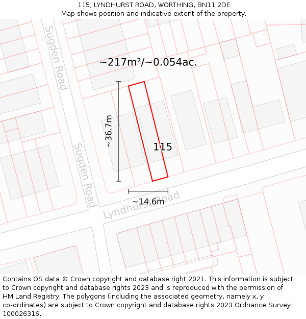 115, LYNDHURST ROAD, WORTHING, BN11 2DE: Plot and title map