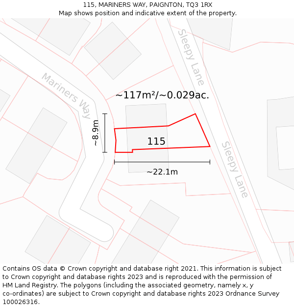 115, MARINERS WAY, PAIGNTON, TQ3 1RX: Plot and title map