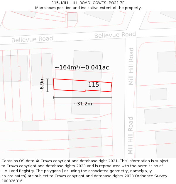 115, MILL HILL ROAD, COWES, PO31 7EJ: Plot and title map