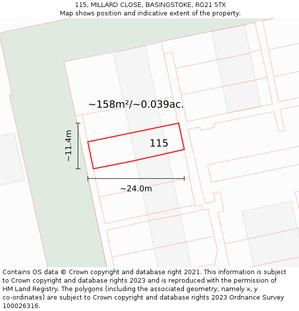 115, MILLARD CLOSE, BASINGSTOKE, RG21 5TX: Plot and title map