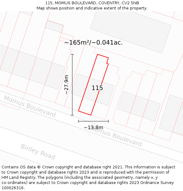 115, MOMUS BOULEVARD, COVENTRY, CV2 5NB: Plot and title map