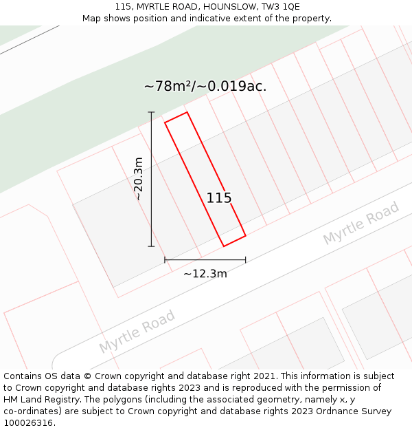 115, MYRTLE ROAD, HOUNSLOW, TW3 1QE: Plot and title map