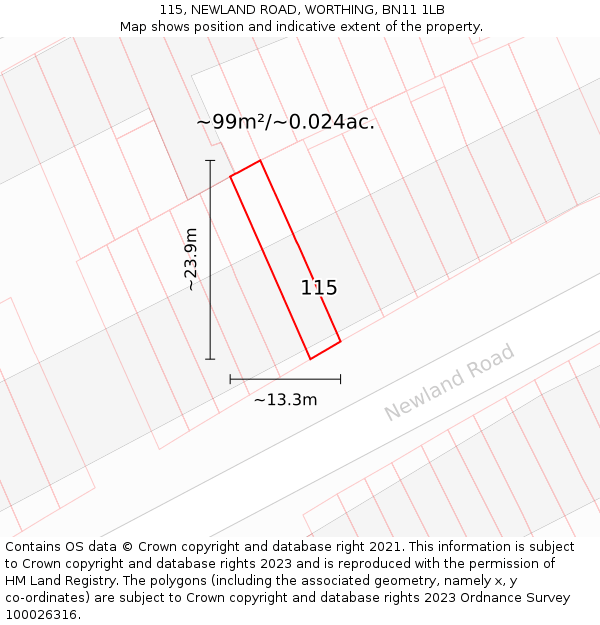 115, NEWLAND ROAD, WORTHING, BN11 1LB: Plot and title map