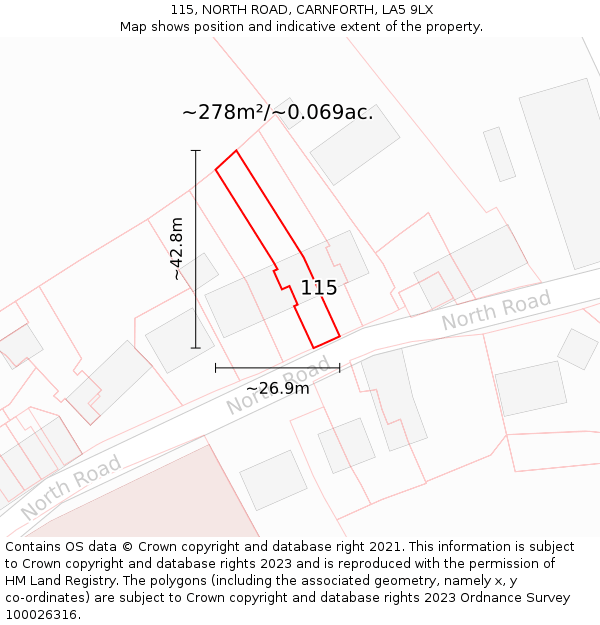 115, NORTH ROAD, CARNFORTH, LA5 9LX: Plot and title map