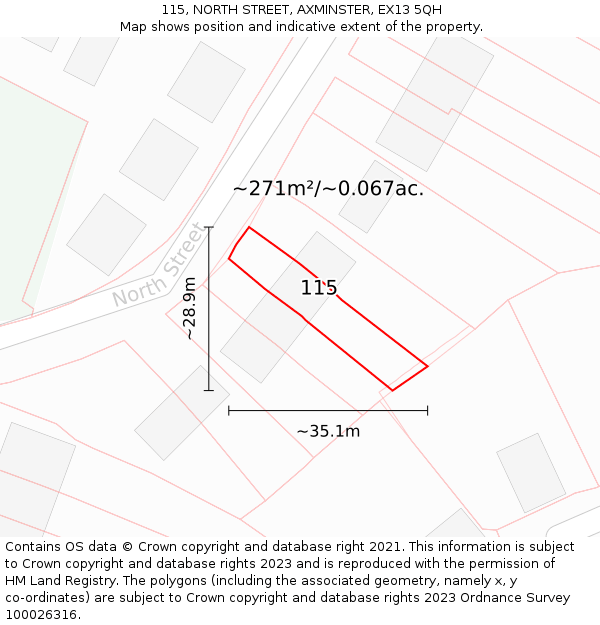 115, NORTH STREET, AXMINSTER, EX13 5QH: Plot and title map