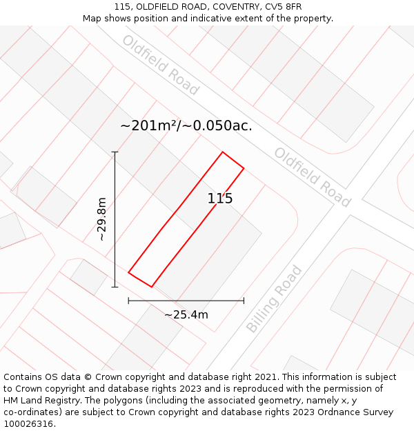 115, OLDFIELD ROAD, COVENTRY, CV5 8FR: Plot and title map