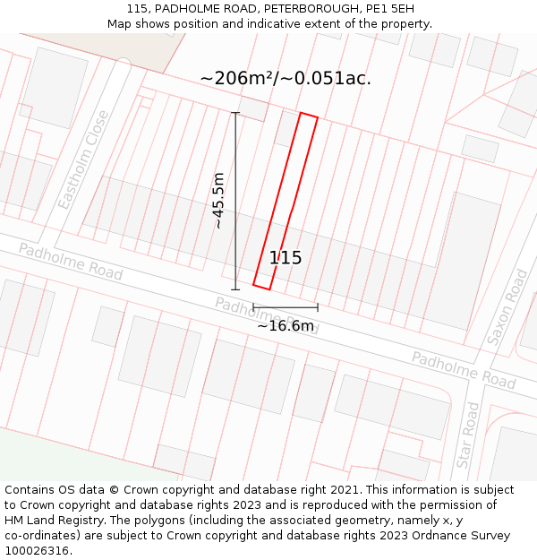 115, PADHOLME ROAD, PETERBOROUGH, PE1 5EH: Plot and title map
