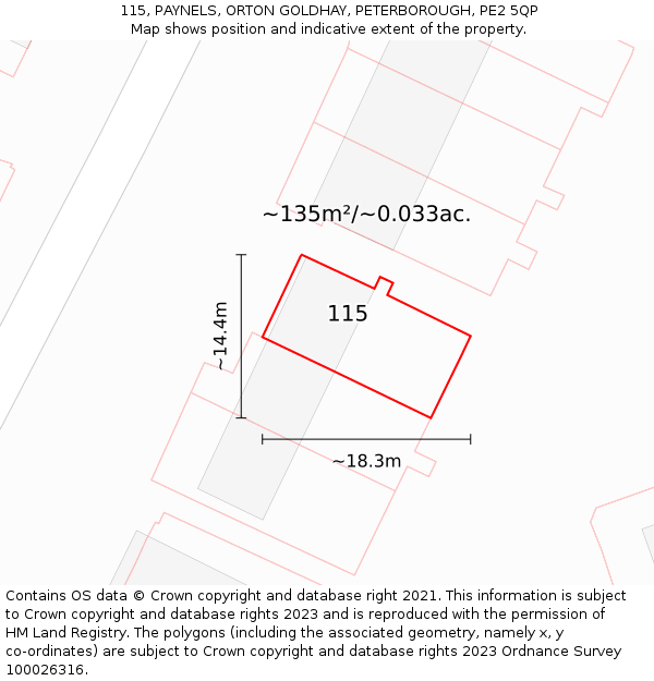 115, PAYNELS, ORTON GOLDHAY, PETERBOROUGH, PE2 5QP: Plot and title map
