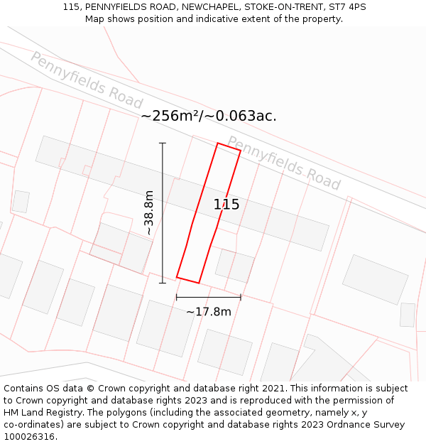 115, PENNYFIELDS ROAD, NEWCHAPEL, STOKE-ON-TRENT, ST7 4PS: Plot and title map