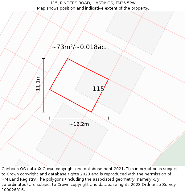 115, PINDERS ROAD, HASTINGS, TN35 5PW: Plot and title map