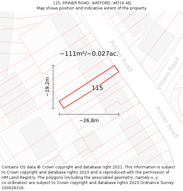 115, PINNER ROAD, WATFORD, WD19 4EJ: Plot and title map
