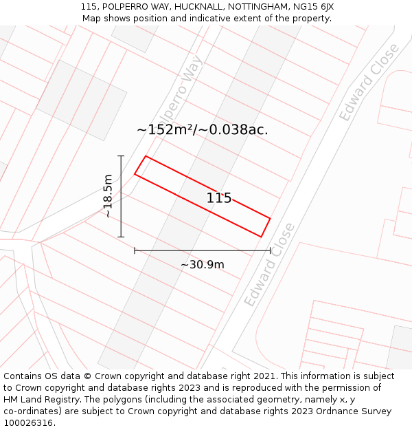 115, POLPERRO WAY, HUCKNALL, NOTTINGHAM, NG15 6JX: Plot and title map