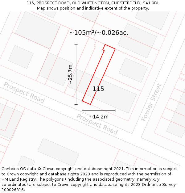 115, PROSPECT ROAD, OLD WHITTINGTON, CHESTERFIELD, S41 9DL: Plot and title map