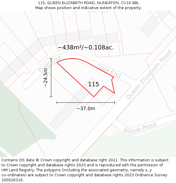 115, QUEEN ELIZABETH ROAD, NUNEATON, CV10 9BL: Plot and title map