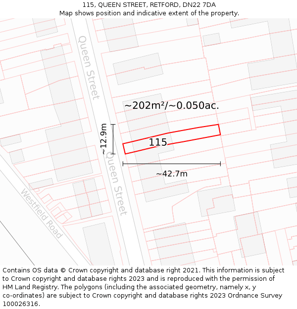 115, QUEEN STREET, RETFORD, DN22 7DA: Plot and title map