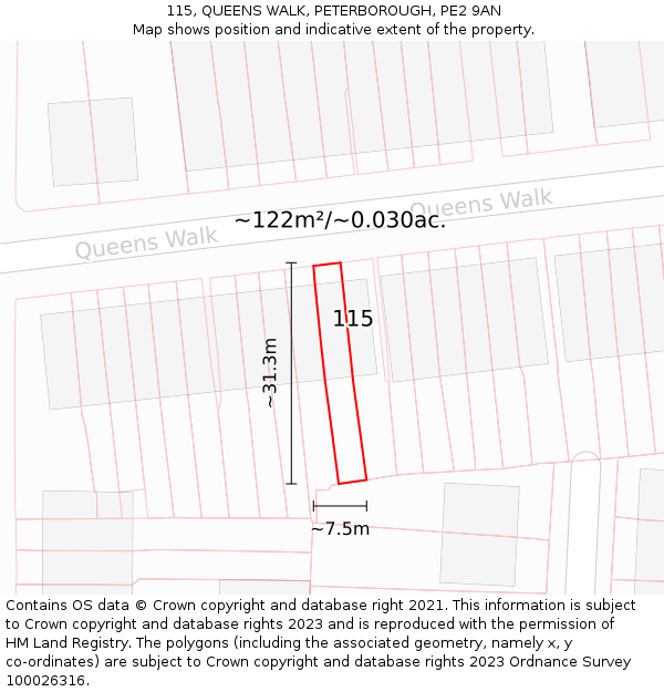 115, QUEENS WALK, PETERBOROUGH, PE2 9AN: Plot and title map