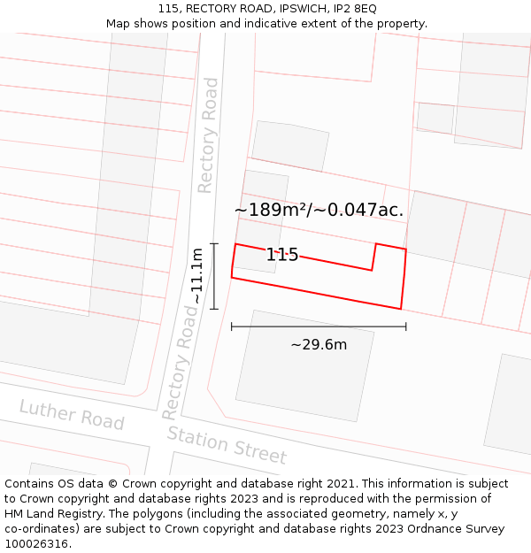 115, RECTORY ROAD, IPSWICH, IP2 8EQ: Plot and title map