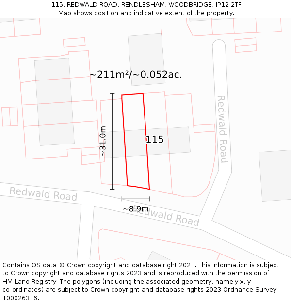 115, REDWALD ROAD, RENDLESHAM, WOODBRIDGE, IP12 2TF: Plot and title map