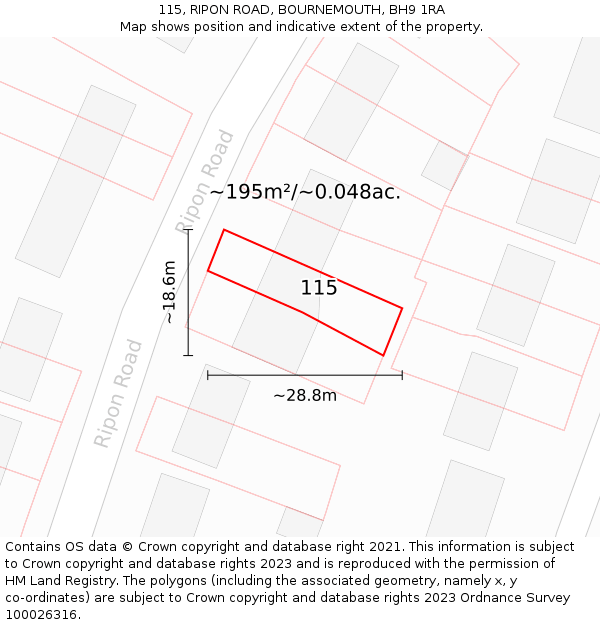 115, RIPON ROAD, BOURNEMOUTH, BH9 1RA: Plot and title map