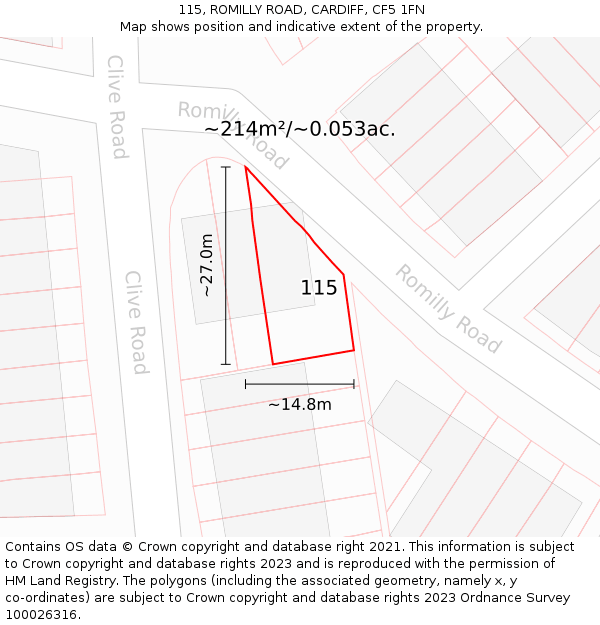 115, ROMILLY ROAD, CARDIFF, CF5 1FN: Plot and title map