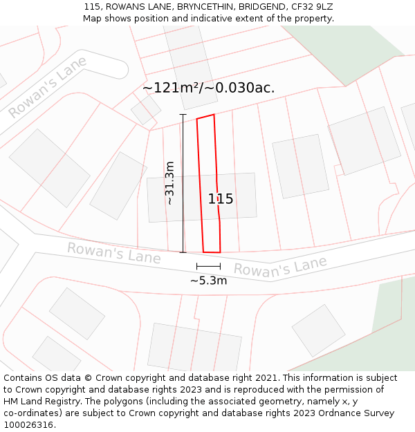 115, ROWANS LANE, BRYNCETHIN, BRIDGEND, CF32 9LZ: Plot and title map