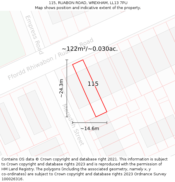 115, RUABON ROAD, WREXHAM, LL13 7PU: Plot and title map