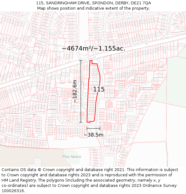 115, SANDRINGHAM DRIVE, SPONDON, DERBY, DE21 7QA: Plot and title map